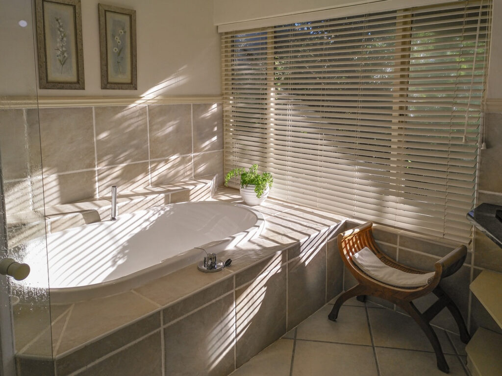 A bathtub with gray tile in Las Vegas.